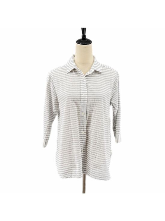 Steven Alan Tops - Steven Alan Gray White Stripe Waist Wrap Button Up 100% Cotton 3/4 Sleeve Top